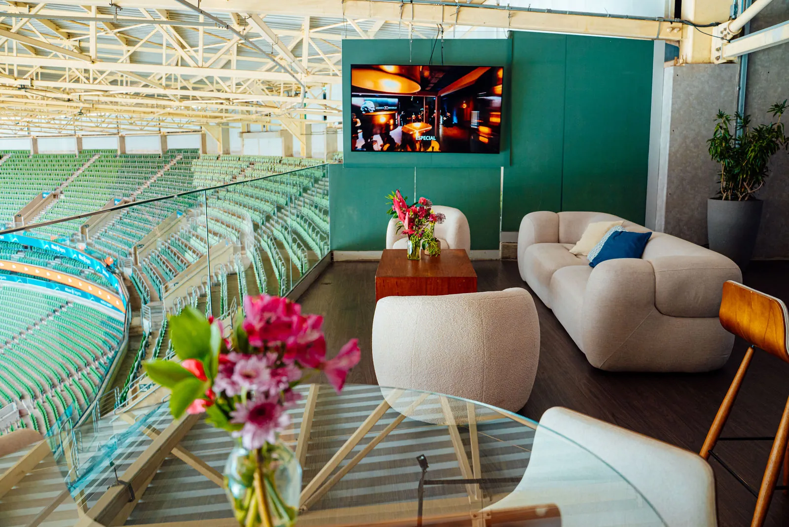 Lounge privativo com parede verde, TV e sofás