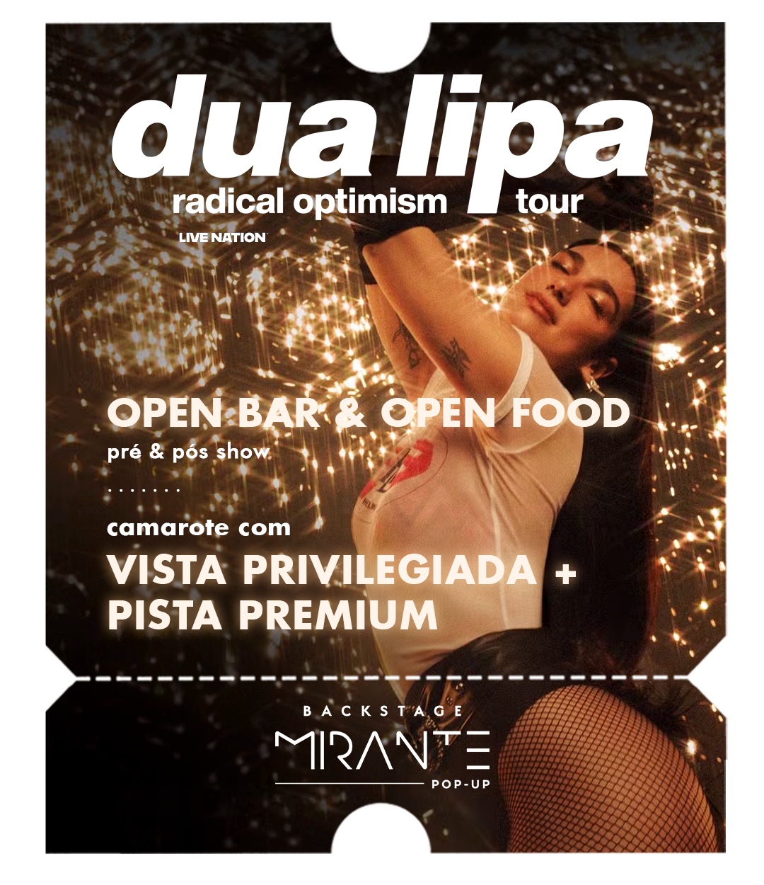 Show de Dua Lipa no Estádio do Morumbis em São Paulo, parte da Radical Optimism Tour 2025, com experiência premium no camarote Backstage Mirante POP-UP.